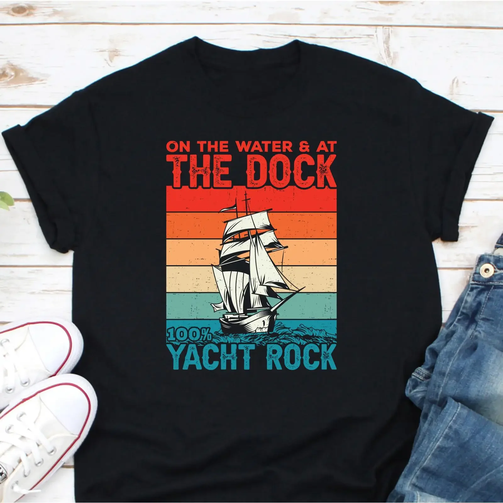 Retro Yacht Rock On The Water At Dock Sailing T Shirt Boating Lover Nautical for Sailor Boat Captain vintage Washed Casual