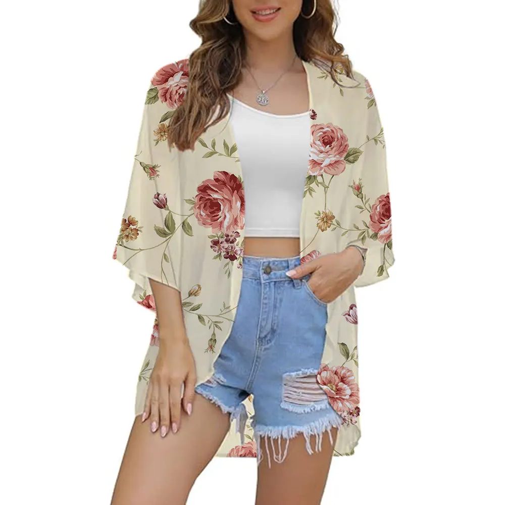 Kimono da donna in Chiffon con stampa floreale bohémien mantelle con scialle cappotto Kimono estivo in Chiffon copricostume Cardigan top Beach Party