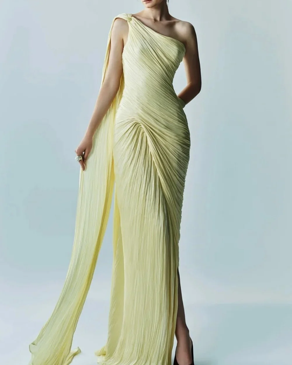 

Customized Intricate Chiffon Pleat Ruched Draped Sheath One-shoulder Long Dresses Bespoke Occasion Dresses Sizes Available