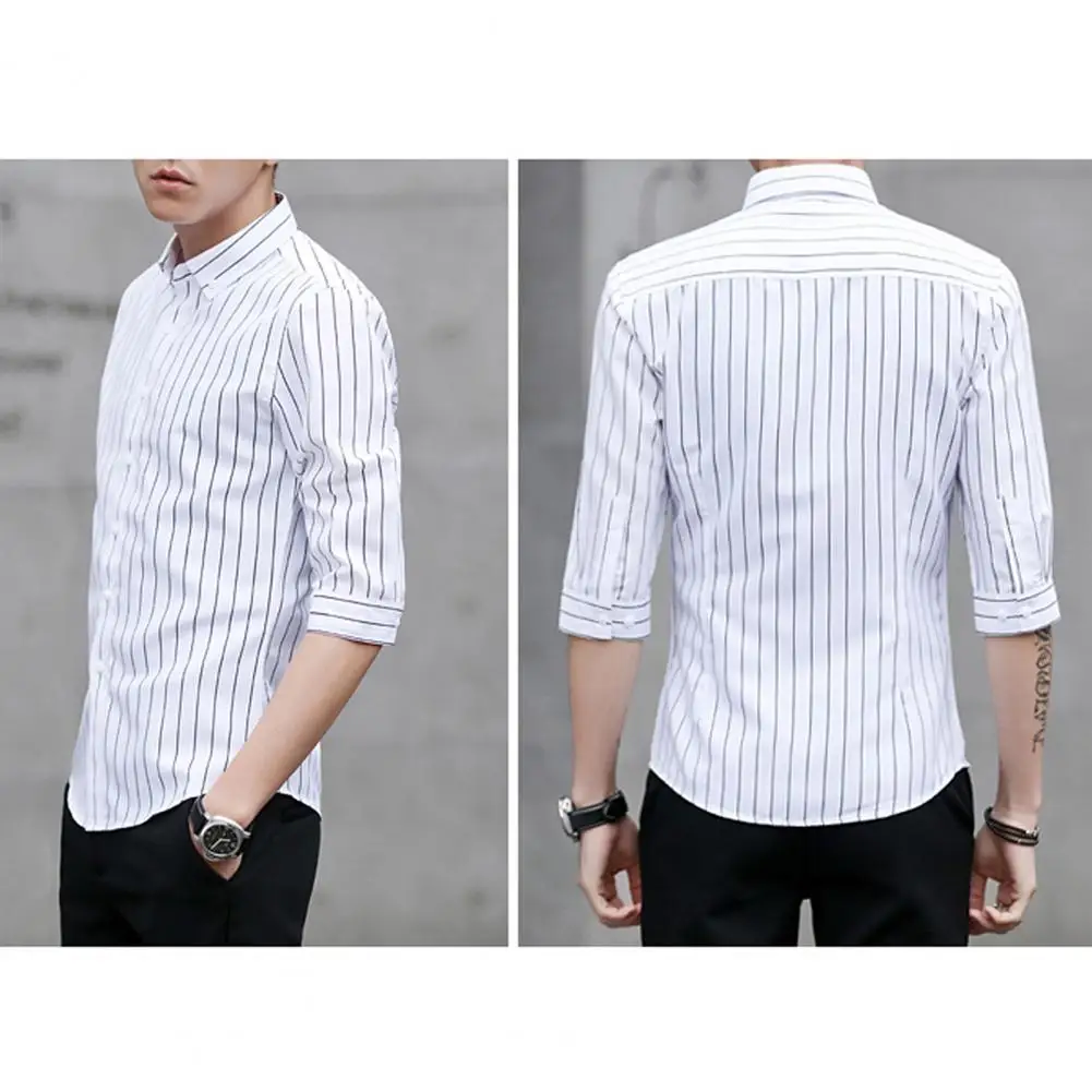 

Men Office Shirt Stylish Plus Size Men's Striped Shirt Loose Fit Three Quarter Sleeves for Office Street Style Button-down Shirt