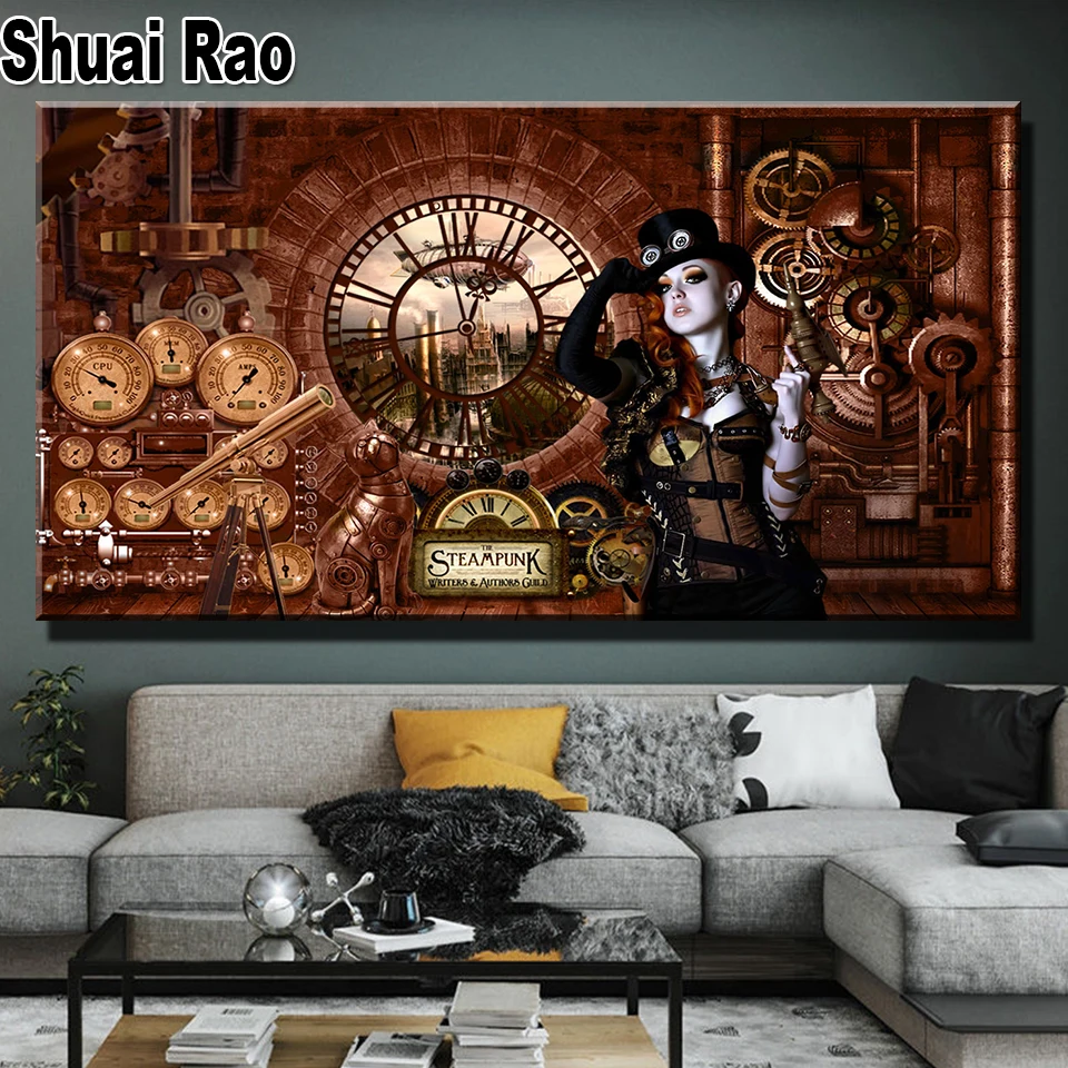 Steampunk Gear Clock Lady Diamond Painting Full Drill Kit Diamond Mosaic Cross Stitch Rhinestone Embroidery Picture Home Decor