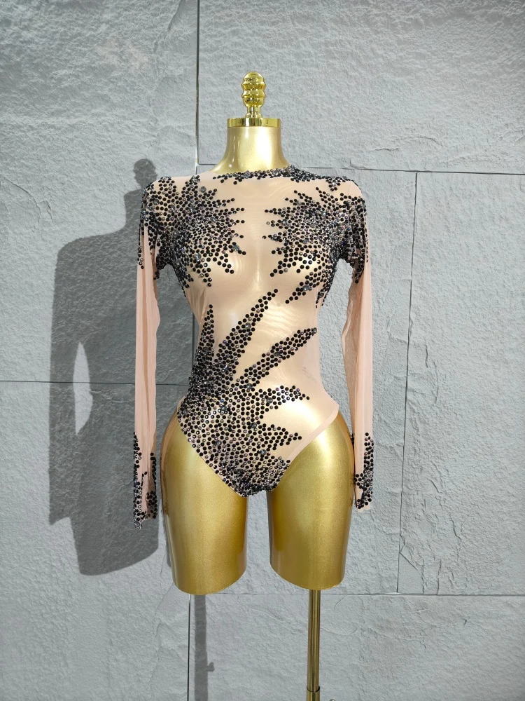 

Женское сверкающее черное боди со стразами — сексуальная сетка с длинными рукавами, прозрачная и облегающая, подходит для вечеринок в ночном клубе, торжеств