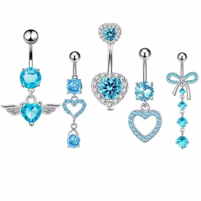 Pink Flower Belly Button Rings Set Women Blue Crystal Belly Piercing Bulk Heart Navel Barbell Jewelry Pack Piercing Ombligo Lote