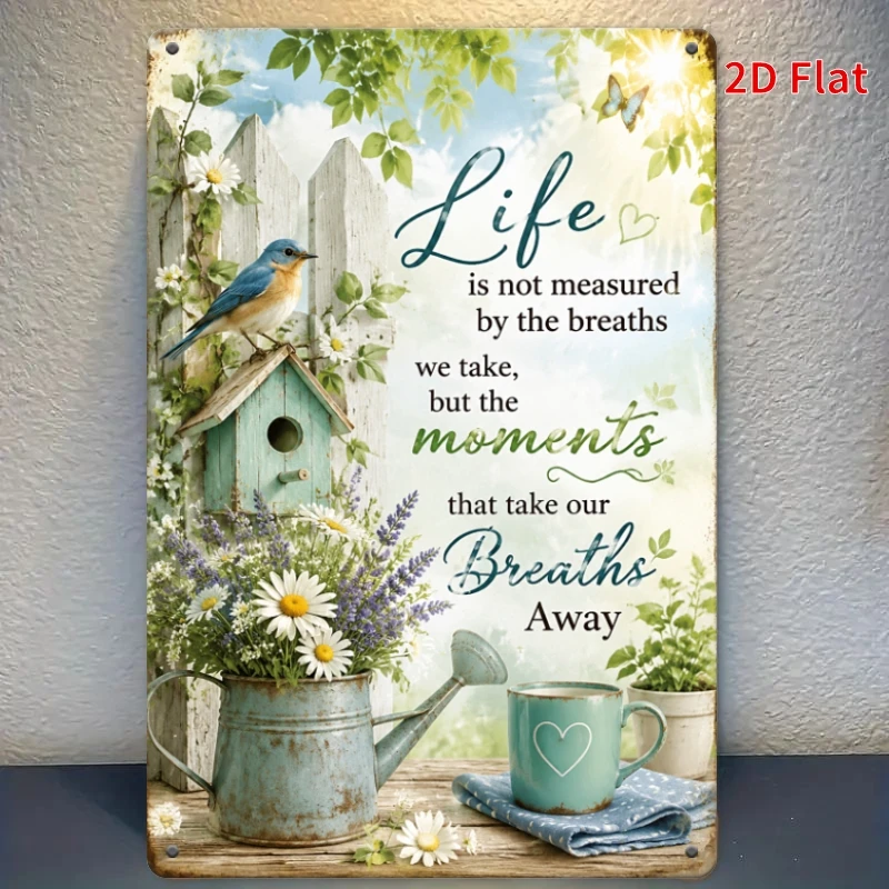 2D Flat - [2Dflat], 1pc Life Is Not Measured by Breaths Tin Plaque, Inspirational Bird Decorative Sign, Retro Garden Wall Art