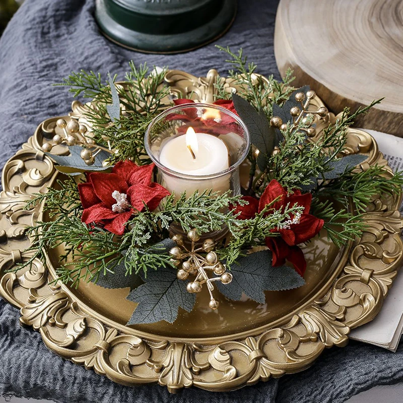 Christmas Candlestick Wreath Artificial Flowers Candle Ring Xmas New Year Table Decoration Candle Holder Garland