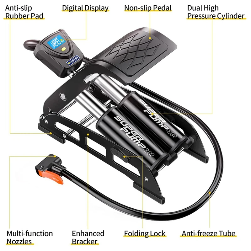 Foot Pump With Digital Display,Multi-Function Bike Pump,160 PSI Double Cylinder Foldable Inflator For Car,Bicycle Etc.