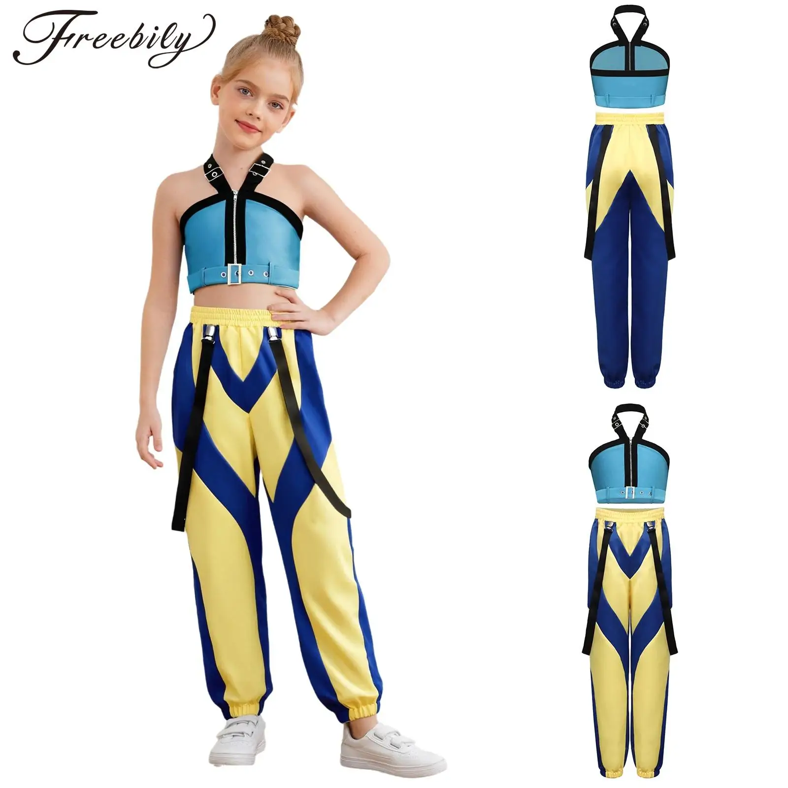 

Girls Halloween Demon Singer Cosplay Costume Halter Crop Top with Waist Belt Pants for Jazz Hip Hop Street Dance Performance