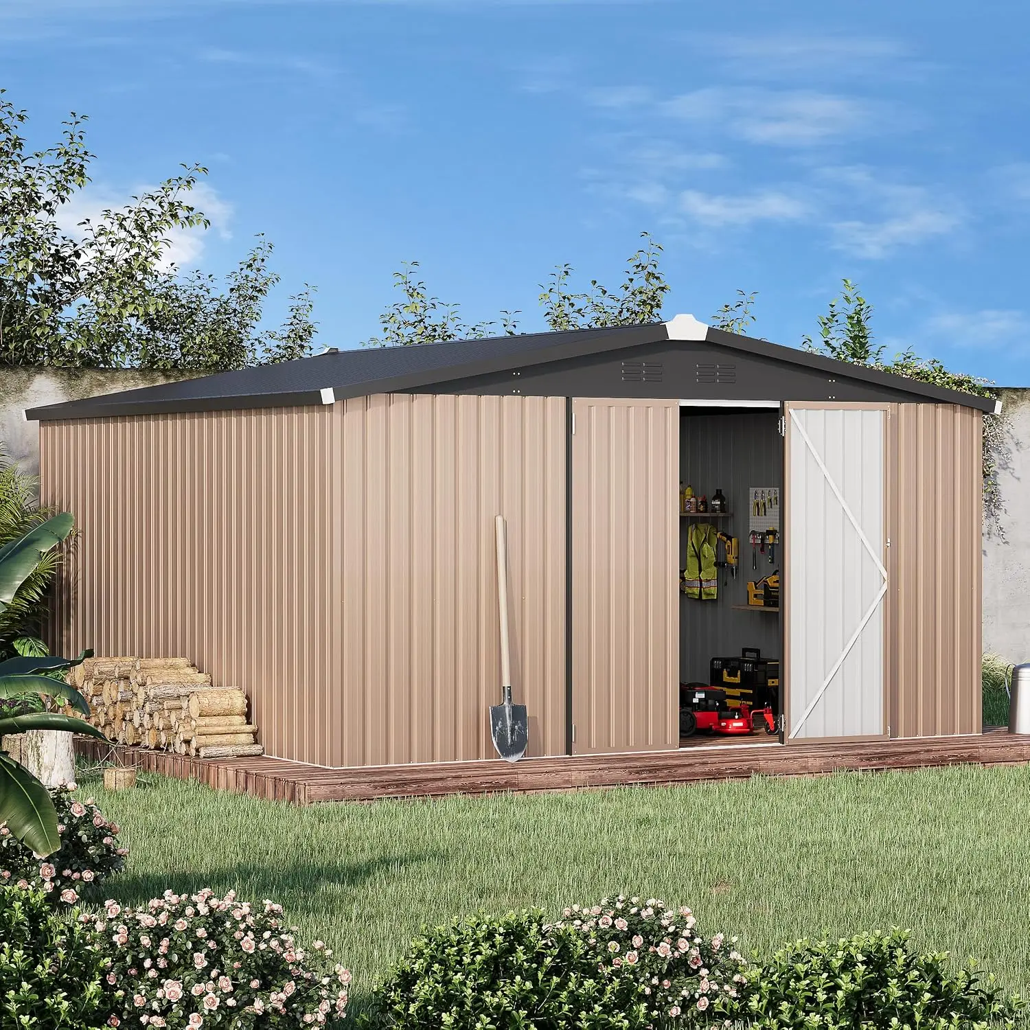 10'x10' Metal Outdoor Storage Shed with Lockable Doors, Steel Garden Tool Utility Shed for Backyard Patio, Customized