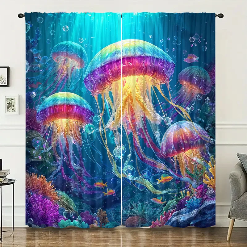 Underwater dream jellyfish curtains, pole-mounted installation. Suitable for living rooms, bedrooms, dining rooms, and hotels.