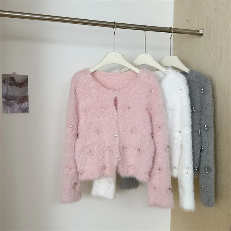 Mink Velvet Pink Sweater Female Wear Autumn and Winter Pure Lust Babes Cropped Tops, Soft Waxy Knitted Cardigans, Wool Jackets