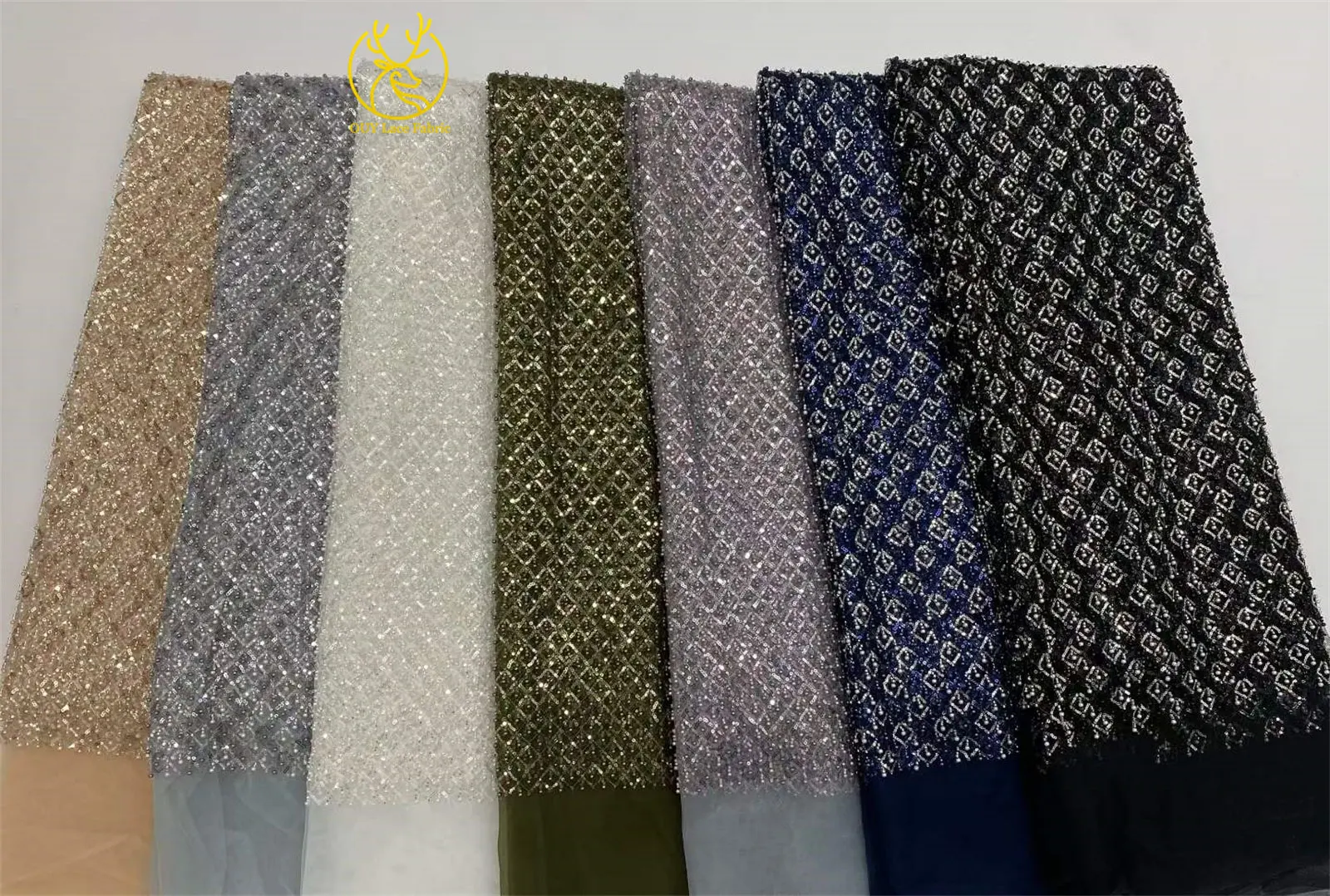 Olivgrüner afrikanischer Spitzenstoff, französischer Mesh-Spitzenstoff mit Pailletten und Perlen, Tüll-Mesh-Spitzenstoff für Damen, Hochzeitsfeier, Abendkleid, Nähen – Detail 18