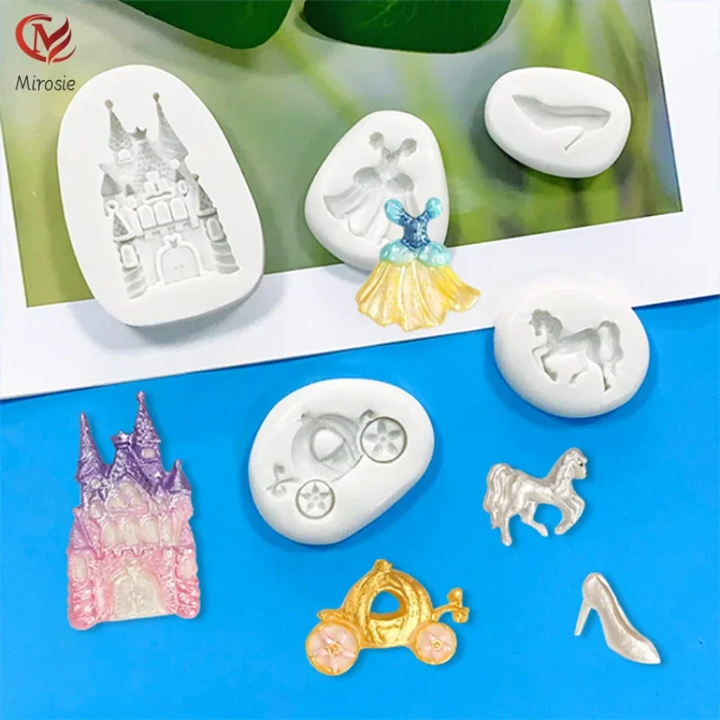 

Mirosie 5-piece Castle Horse High Heels Skirt Pumpkin Cart Fairy Tale Fondant Cake Decoration Silicone Mold Cake Decorating Tool