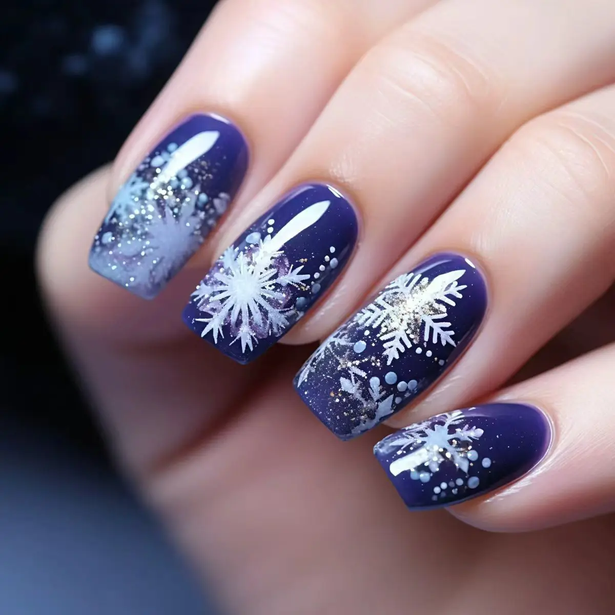 Medium Long Fake Nails for Christmas party Black Red Blue Nail Tips White Snow Flakes Square Almond  Press On False Nails art