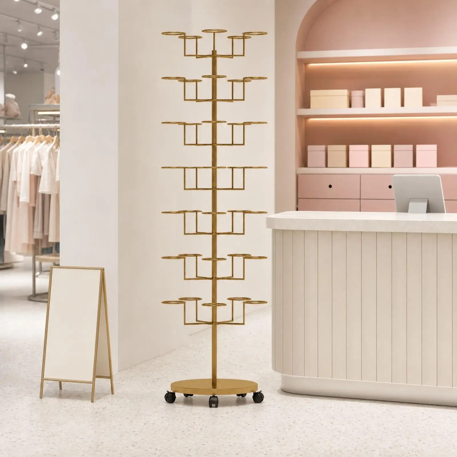 Metal Hat Display Rack with 7 Tier Hooks for Retail Store Hat Storage Freestanding Wheeled Organizer for Shop Display