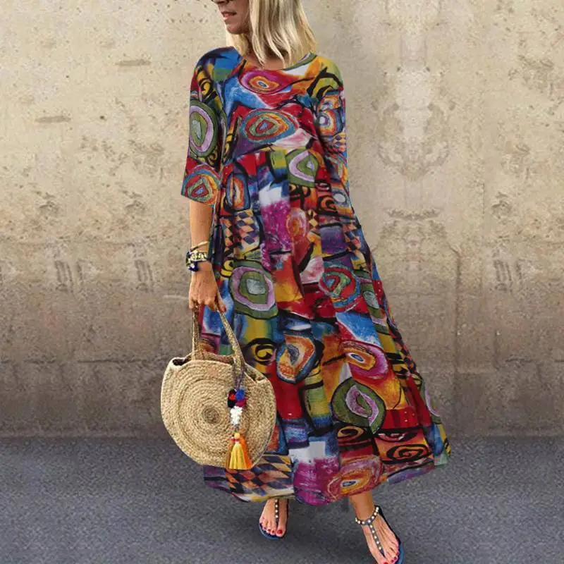 2023 Autumn Summer Dress Women Vintage Vestidos 2023 Pleated Printed Long Maxi Dresses Tunic  Femme 3/4 Sleeve