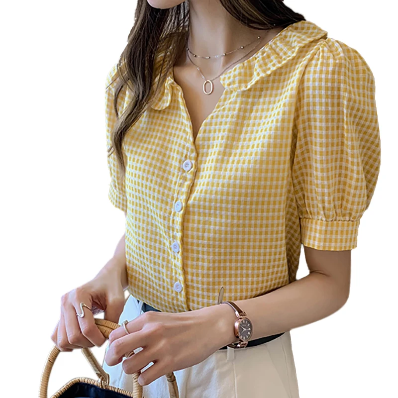 Plaid blouse for women, short sleeve shirt with Button, chic and casual, loose tops, 2024