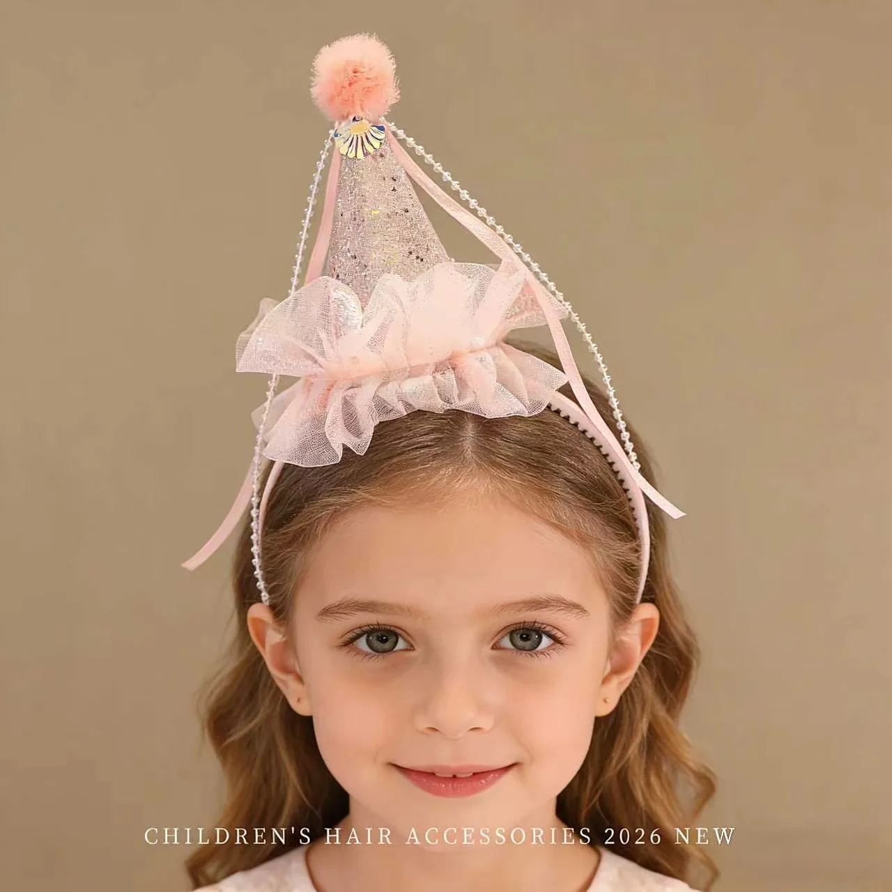 

2026 New Pink Glitter Birthday Crown Headband Pom-pom Sparkly Princess Hair Accessories For Girls Toddler Party Photo Prop Gift