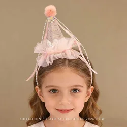 2026 New Pink Glitter Birthday Crown Headband Pom-pom Sparkly Princess Hair Accessories For Girls Toddler Party Photo Prop Gift