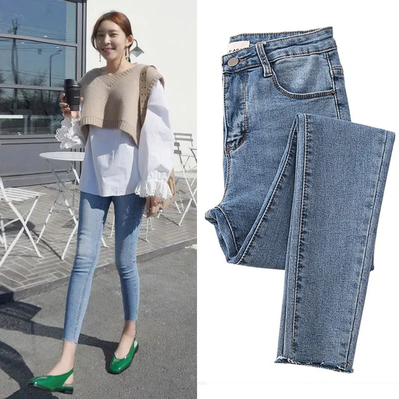 Light Wash High Waist Skinny Jeans Women's 9-Piece Hole Design Autumn Fashion Korean Style Cotton Stretch Denim Skinnies