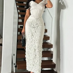 Customized Strapless White Straight Satin Evening Dress Flower Appliques Backless Off the Shoulder Ankle Length Party Prom Gown