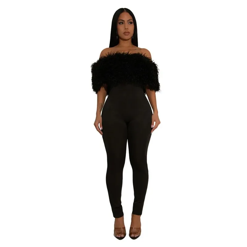 

Short Sleeve Women Feather Slash Neck Rompers Jumpsuits 2025 Summer Evening Night Club Party One Piece Sexy Outfits