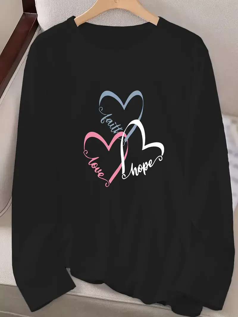 Faith Love Hope Inspirational Shirt Funny Gothic T Shirt Women's Casual Print Long Sleeve T-Shirt Crew Neck Top Tee Tshirt