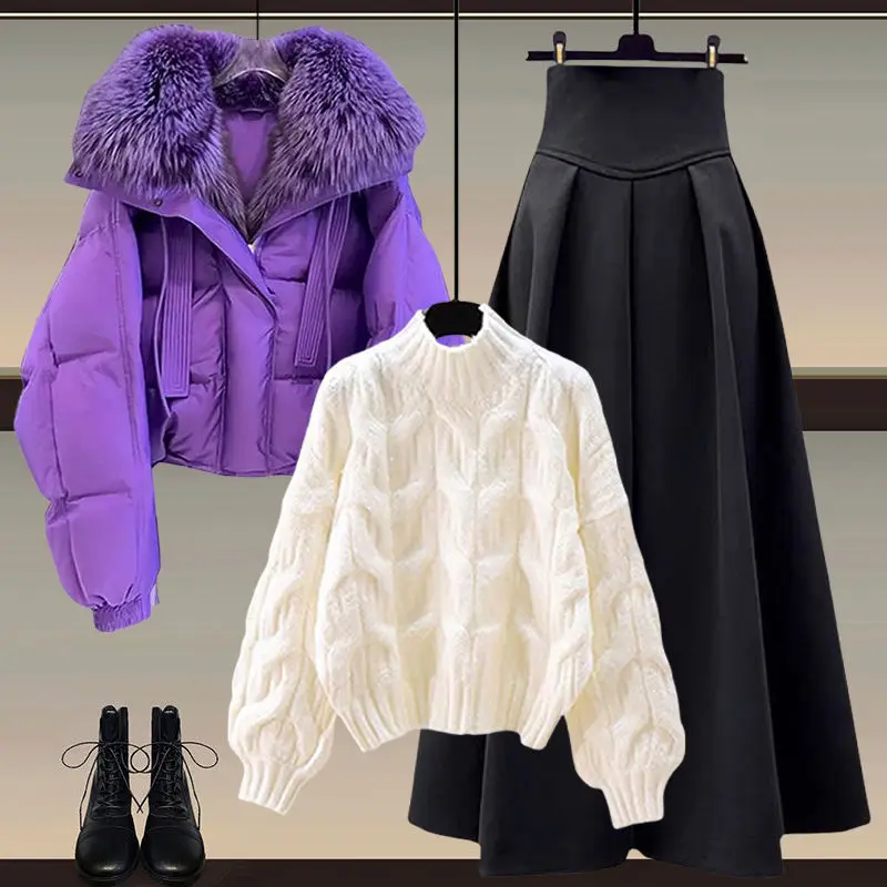 

Модное женское хлопковое тюлевое пальто с меховым воротником, вязаный свитер, юбка, комплект из футболки, осенне-зимний новый комплект для поездок на работу...