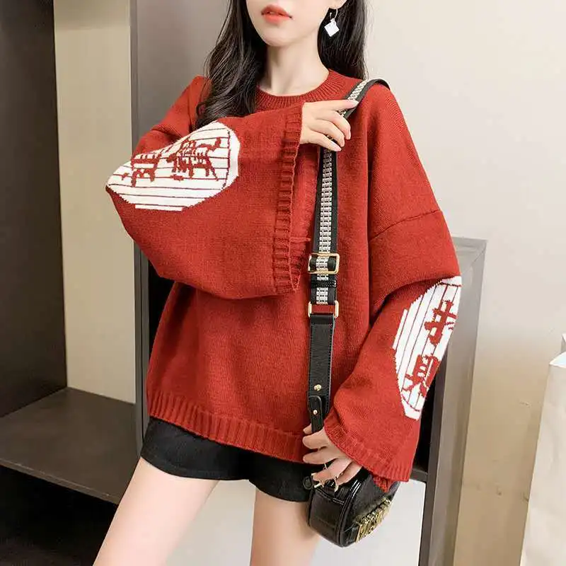 Fashion Cat Rice Pattern Embroider Knitted Sweater Women O Neck Long Sleeve Warm Sweater Autumn Spring 2022 New Solid Ladies Top