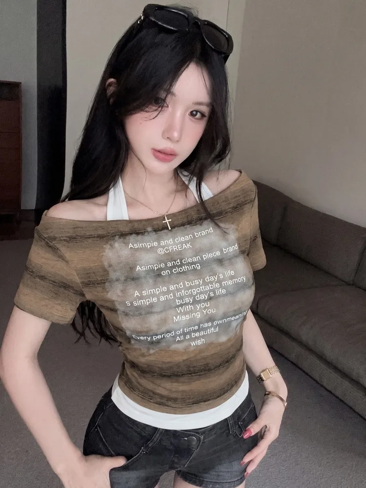 

Summer New Style Women's Slim Fit Short Sleeve T-shirt Neck Hanging Letter Print Design Casual Breathable Fashion Top