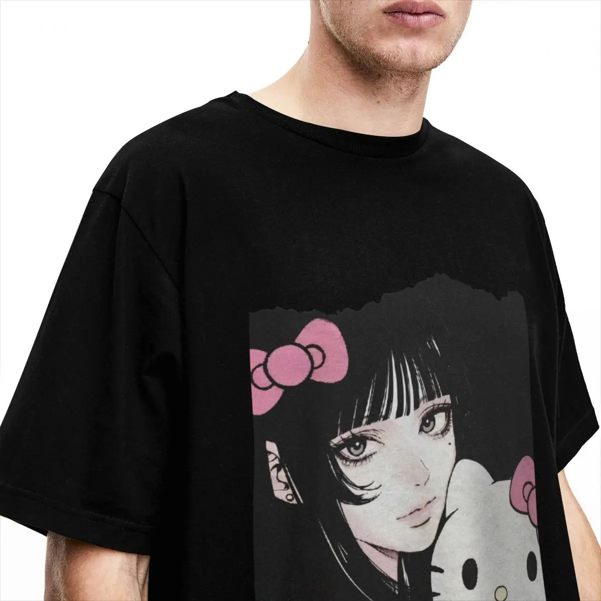 Junji Ito Tomie X Hello Kitty T Shirt Hip Hop T Shirts Short-Sleeve Y2K Basic Tops Summer Cotton O-Neck Plus Size Tees