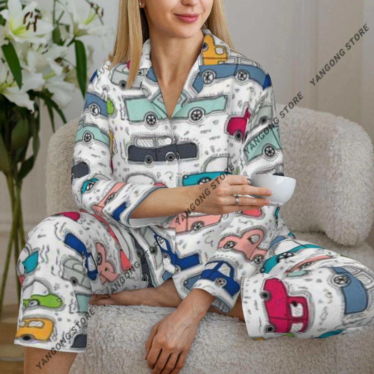 

Spring and Autumn Long Sleeve Pants Pajamas Loungewear Set Hand Drawn Cars Background Women's Pull Edge Loose Sleeping Suit