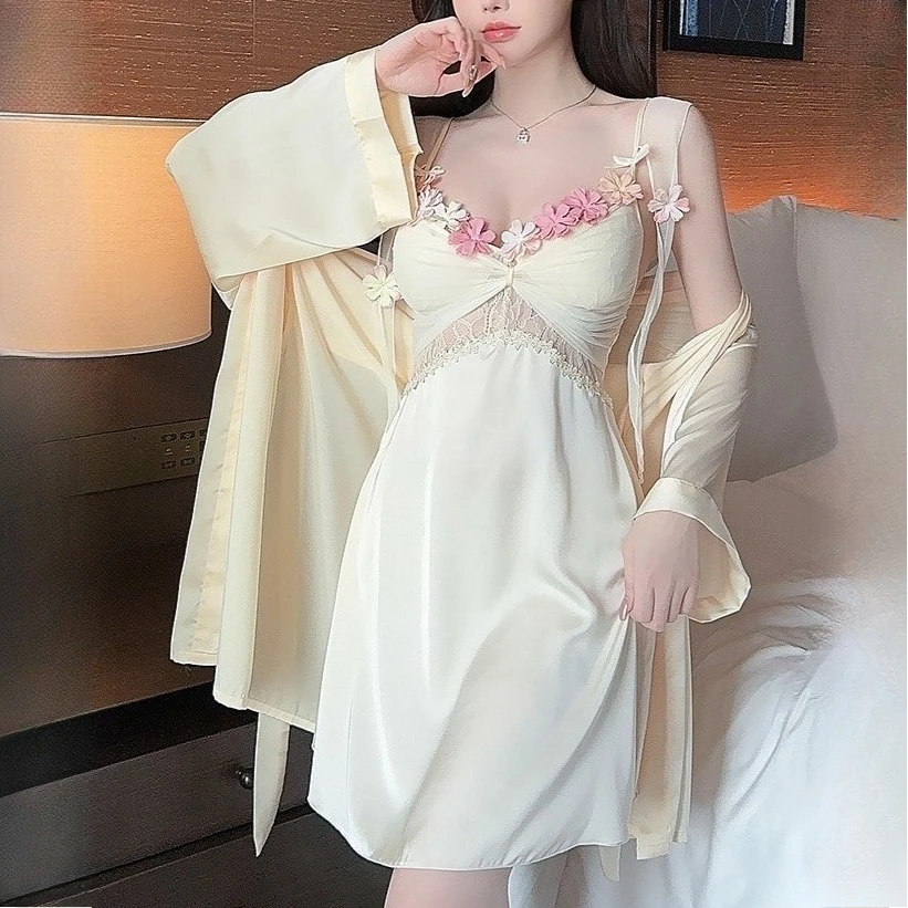 

2PCS Bathrobe Suit Lace Gown Kimono Lingerie Spring Summer Silky Satin Nighty&Robe Set Women Nightgown Sleepwear Loungewear