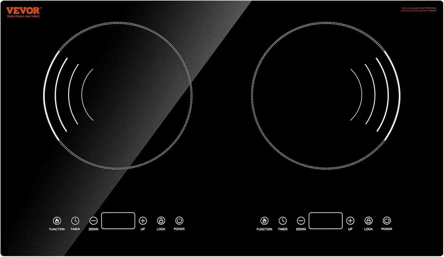 

1800W Induction Cooktop with 9 Power Settings, Touch Control, 2 Burners, Timer, Child Lock, Glass Surface