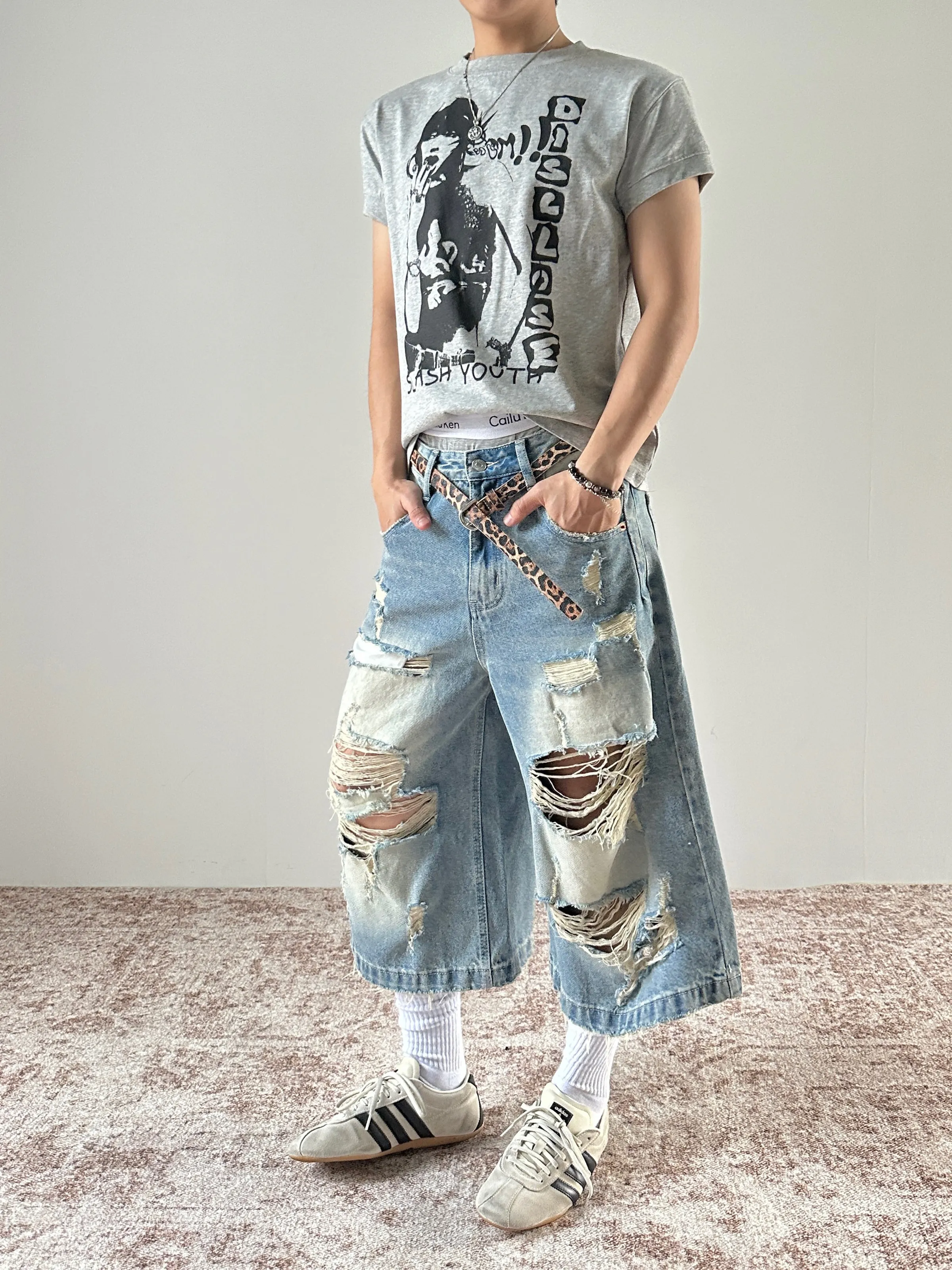 Retro American Streetwear Faded Denim Shorts Loose Wide Leg Casual Mid-Calf Seven-Point Pants Unisex Trendy Jeans Shorts