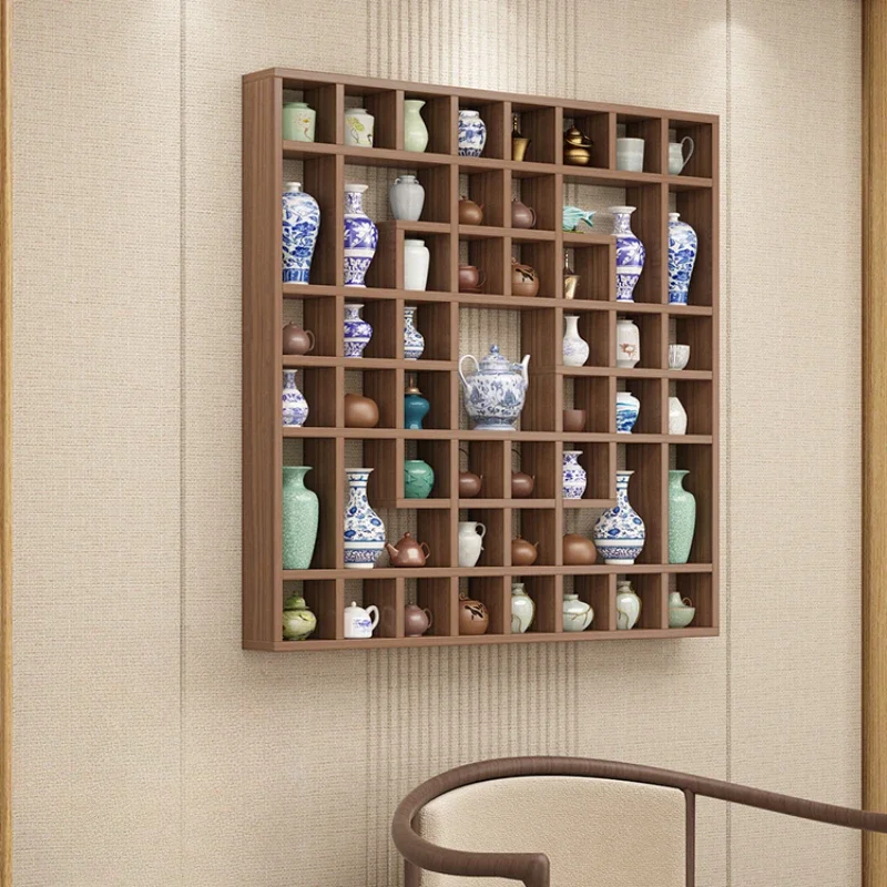 Black Walnut Wood Lattice Wall Rack, Storage Holders, Tea Pot, Teaset Display Shelf, Wall Mounted, Large Capacity