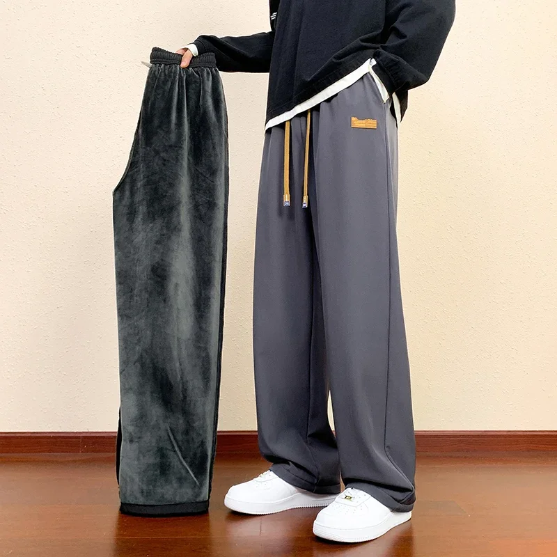 

Men Autumn Winter Thick Fleece Warm Trousers Drawstring Cropped Pants Men Add Velvet Casual Loose Drape Sweatpants Sports Slacks