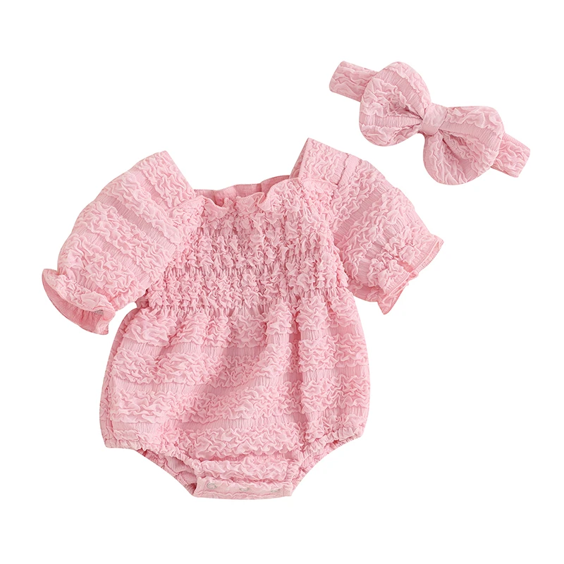 Infant Baby Girl Plaid Romper Baby Pleated Romper Ruffle Festival Bodysuit Spring Summer Clothes with Headband