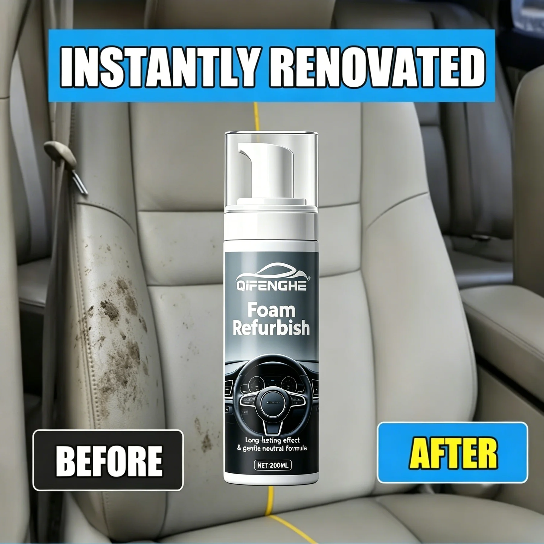 Foam Refurbish Multi-Purpose Interior Care Spray, Gentle Neutral Long-Lasting Formula, Wash-Free Cleaner for Car PU Leather Home
