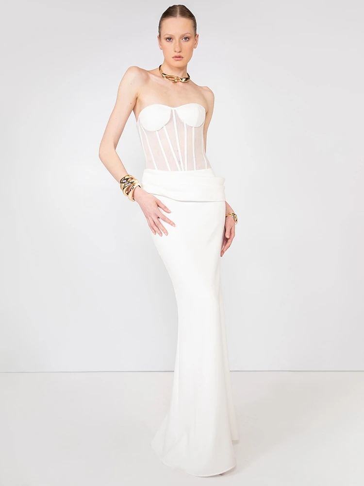 

Женские белые юбки, комплект из двух предметов, сексуальный укороченный корсет без бретелек + плиссированные складки, тонкие юбки, комплекты, вечерние коктейльные костюмы