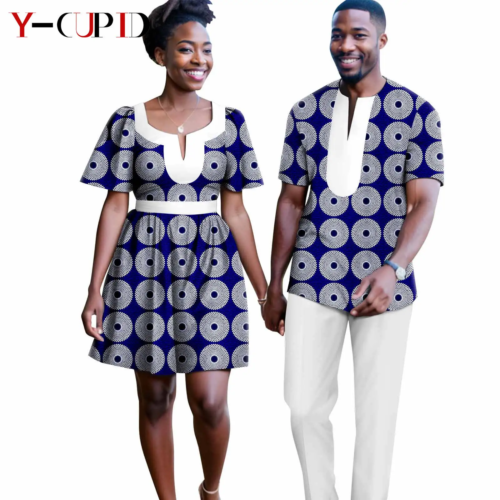 

African Matching Outfit for Couples Dashiki Summer Women Print Mini Dresses Bazin Riche Men Ankara Top and Pants Sets Y23C115