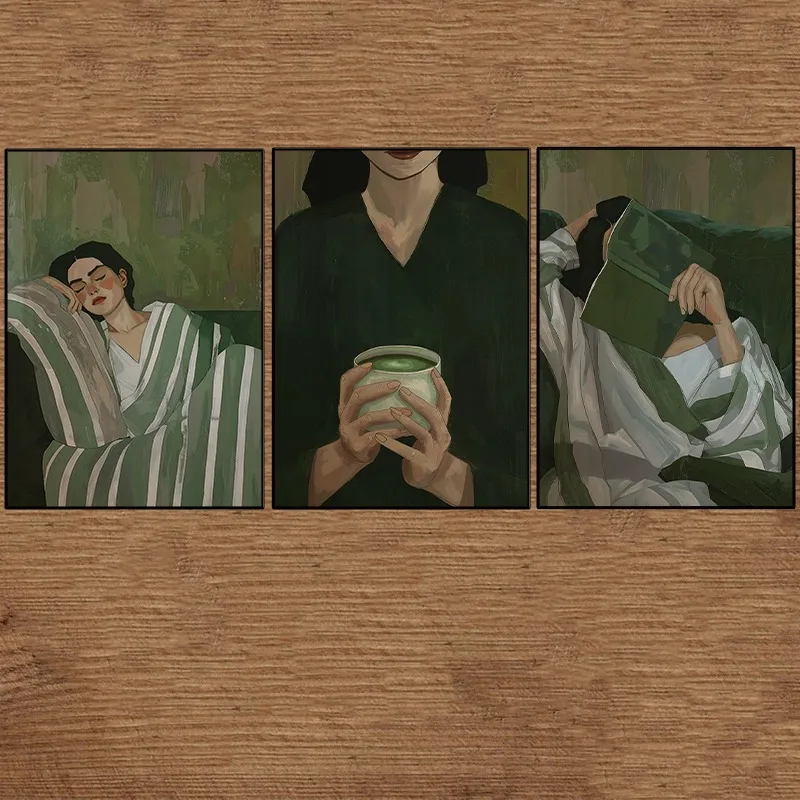 Emerald Green Relaxing Woman Poster Abstract Cozy Striped People Portrait Canvas Painting Wall Art for Living Room Home Decor