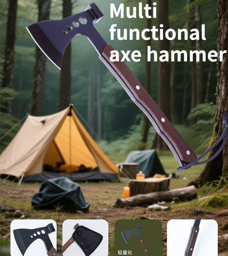 

Многофункциональный топор-молоток 2-в-1 для активного отдыха, с нескользящей рукояткой из массива дерева, сталь 420, портативный инструмент EDC для кемпинга