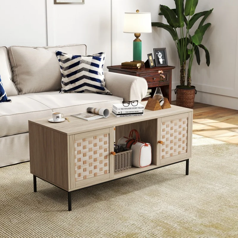 Coffee Table 19*41 in Rectangle Furniture With Storage Cabinet 4 Sliding Door Weaving Design  for Living Room Bedroom