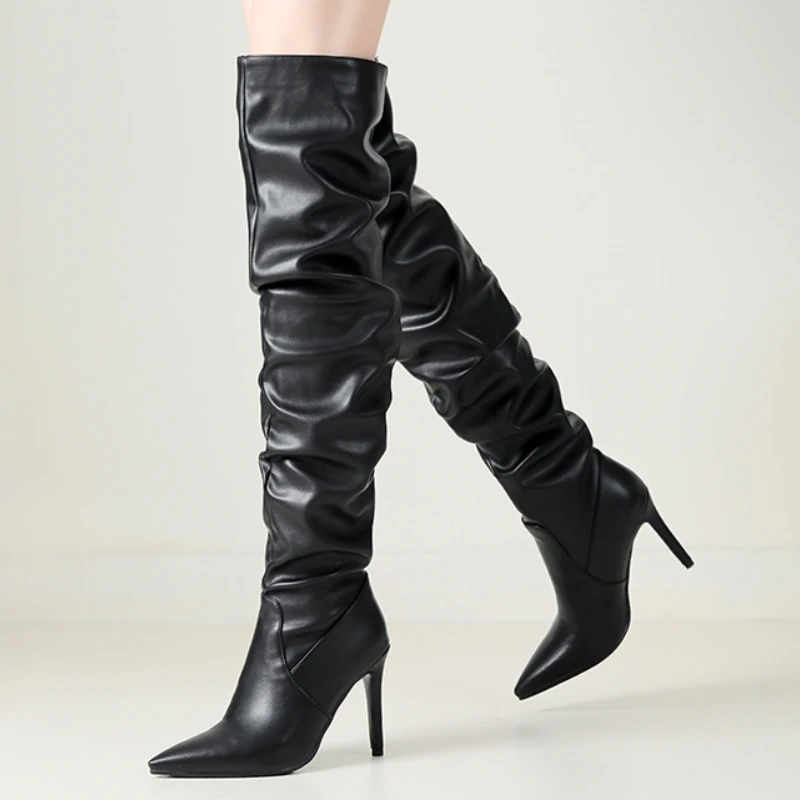 

Black White Over the Knee High Boots Women Winter Shoes 2024 Sexy Point Pleated Long Boot Ladies Large Size Footwear Party Shoes