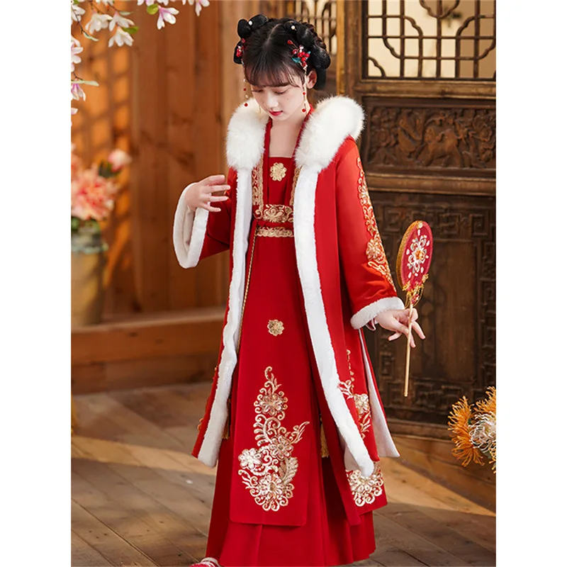 

Hanfu Girls Costume Cheongsam China New Year Spring Festival Clothing Winter Thickening Robe Warm Performance Flower Kid Dresses