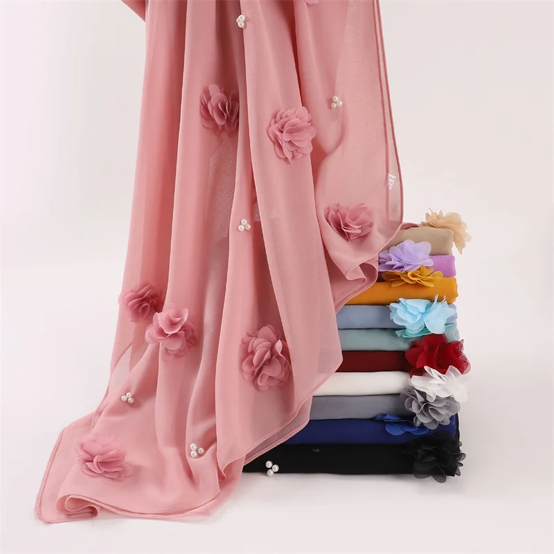 Plain Stitch Rose Floral Bubble Chiffon Hijab Ramadan Beads Scarves Shawls Women Sunscreen Headscarf Outdoor Windproof Head Wrap