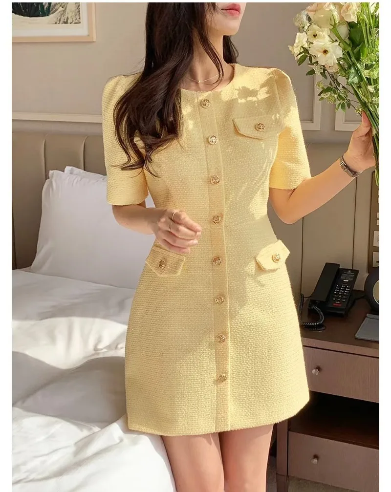 Korean Chic Tweed Vestidos Small Fragrance Women 2024 Dress Short Sleeve Vestido Summer New O-neck Dresses Elegant Robes