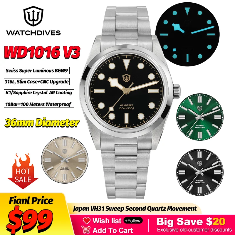 Watchdives WD1016 V3 36Mm Quartz Watches Man Multicolored VH31 Sweep Seconds K1 Bubble Mirror Sapphire Waterproof Vintage Watch