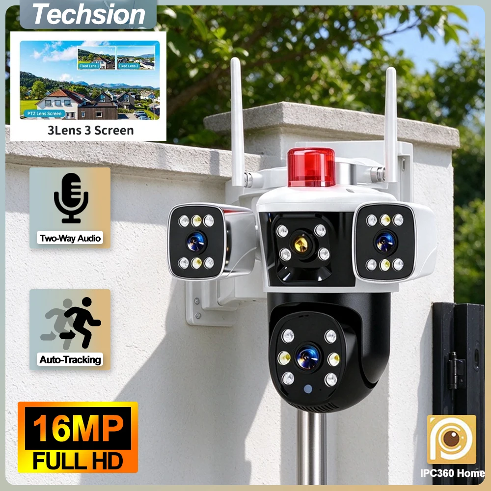 10X Zoom Outdoor 8K 16MP WiFi Camera 4 Lens 3 Screens Human Auto Tracking CCTV Video Surveillance Panoramic PTZ Camera