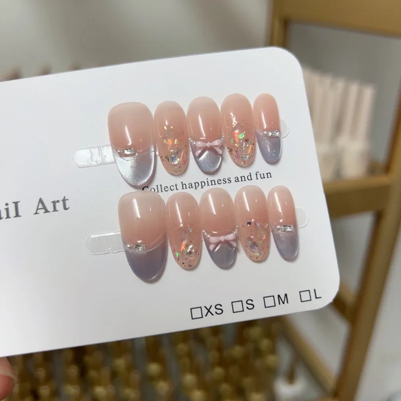 10 Stück handgemachte französische ovale Nägel zum Aufdrücken, glänzende Katzenaugen-Strasssteine, 3D-Schleifen-Design, niedlich, süß, künstliche Nägel, tragbare Nägel, Tipps, Kunst